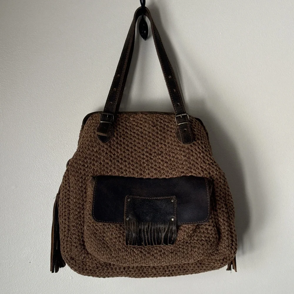 Bonfanti Purse Crochet Wool Knit Handbag Brown Leather Bag Indie Hippie Italy
